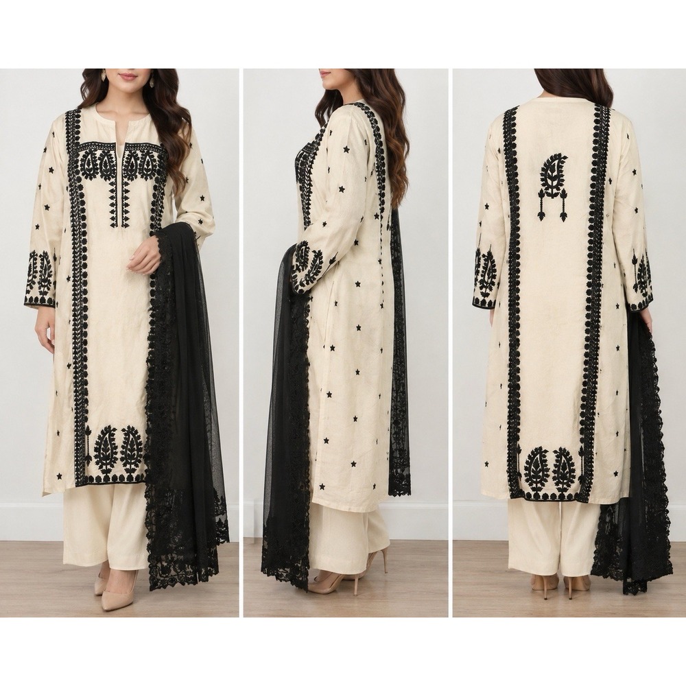 Indian Pakistani Kurta Dupatta Set Cream Black Embroidered Long Tunic Women A33